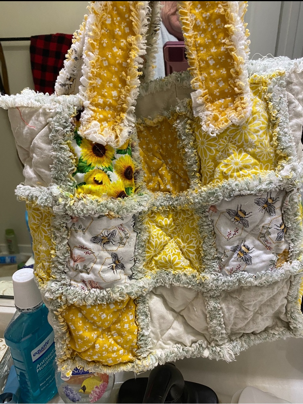 Handmade Yellow Patchwork Rag Tote Bag - Sunflower & Bee Print with baby blanket